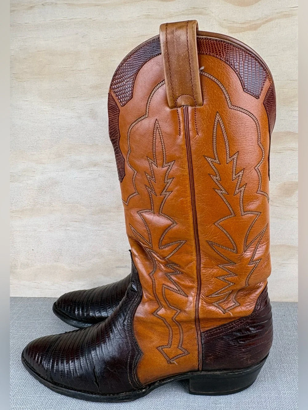 Nocona Cowboy Boots Lizard Leather Men’s Size 10 Dark Brown Light Tan
